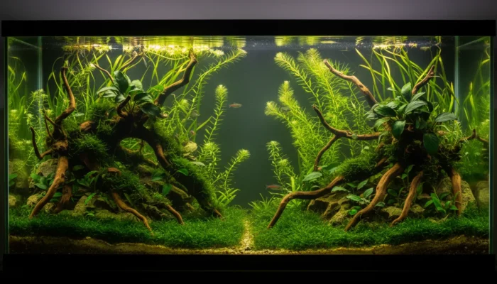 Acuario plantado natural con plantas acuaticas y hardscape de rocas