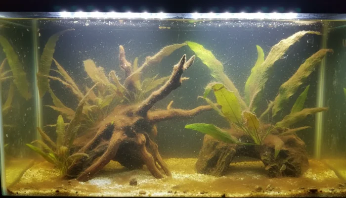 Acuario con algas marrones diatomeas en cristales y plantas