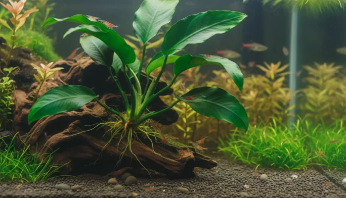 Planta Anubias barteri atada a tronco en acuario plantado