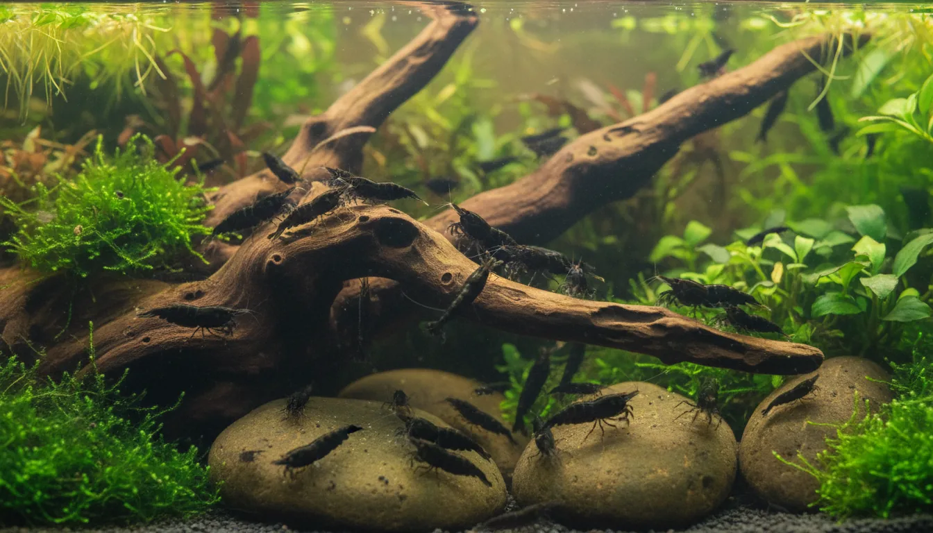 Grupo de Black Sakura sobre tronco en acuario aquascape