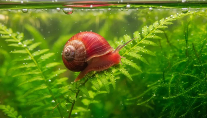 Caracol planorbis rojo (Planorbarius corneus) sobre plantas acuáticas en acuario