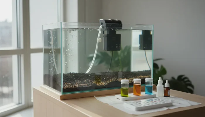 Acuario nuevo en proceso de ciclado con sustrato y filtro funcionando