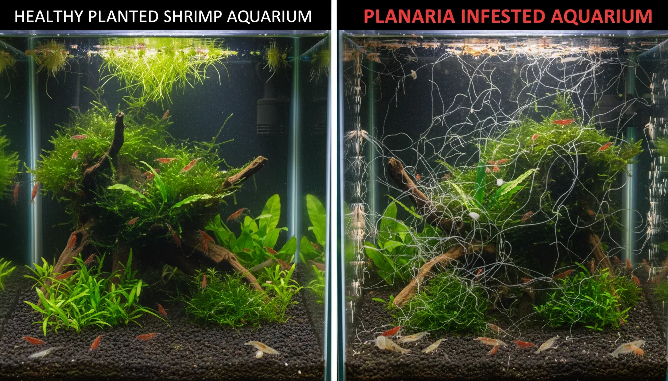 Comparativa entre acuario sano y acuario infestado con planarias
