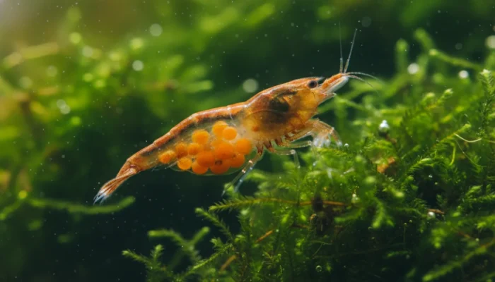 Gamba embarazada Neocaridina davidi llevando huevos verdes bajo el abdomen