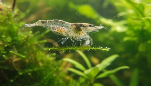 Gamba Amano comiendo algas en acuario