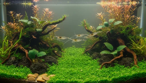 Grupo de gambas Amano en acuario plantado