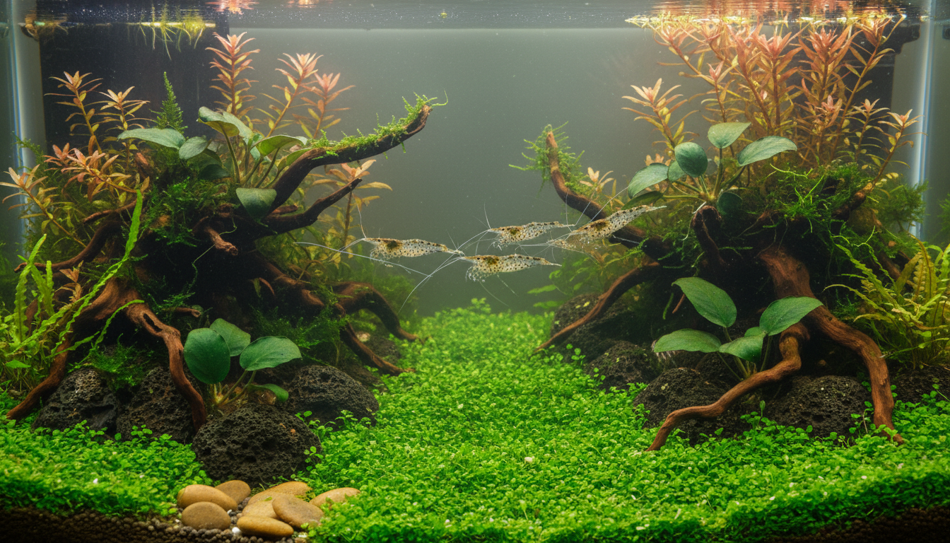 Grupo de gambas Amano en acuario plantado