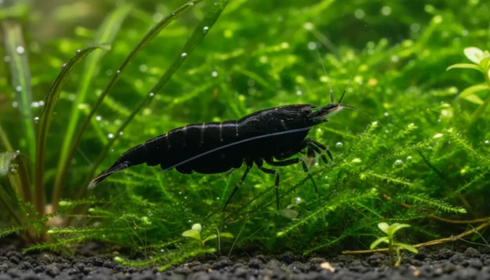 Gamba Black Sakura negra Neocaridina davidi en acuario plantado