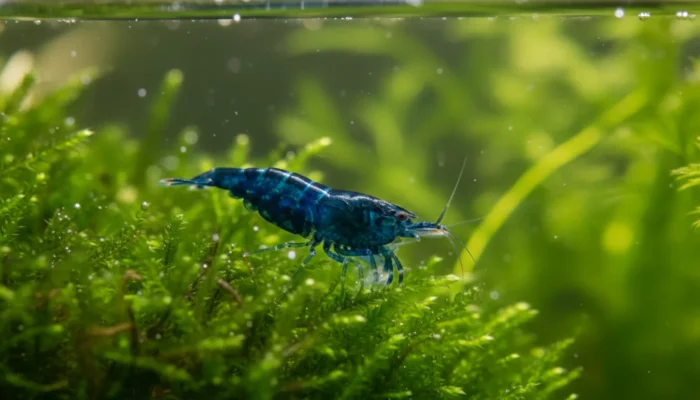 Gamba Blue Velvet (Neocaridina davidi) en acuario plantado
