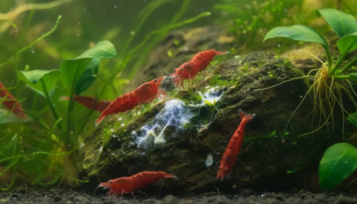 Gambas Red Cherry comiendo algas y biofilm en acuario