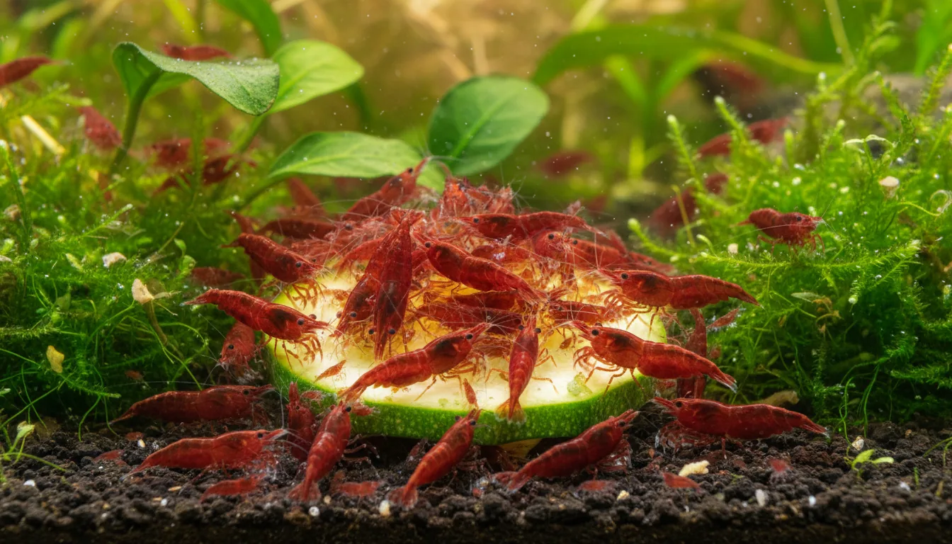 Gambas Red Cherry comiendo calabacin escaldado