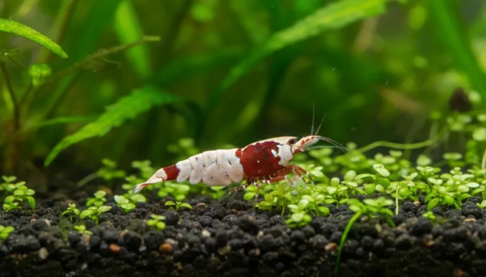 Gamba Crystal Red (Caridina cantonensis) en acuario plantado con sustrato oscuro