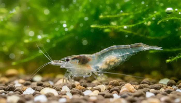 Gamba fantasma (ghost shrimp) completamente transparente en acuario