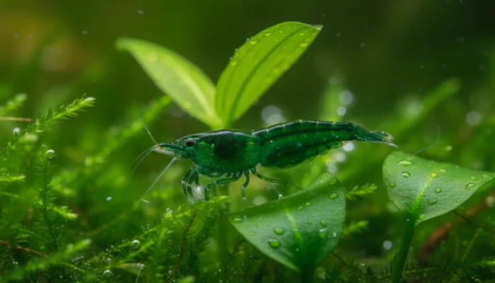 Gamba Green Jade verde jade Neocaridina davidi en acuario plantado