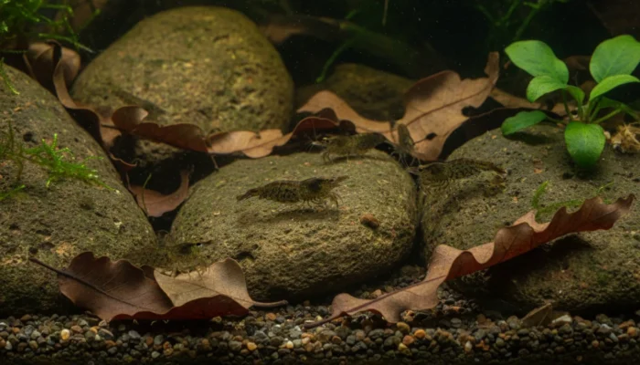 Gamba Wild salvaje Neocaridina davidi en habitat natural