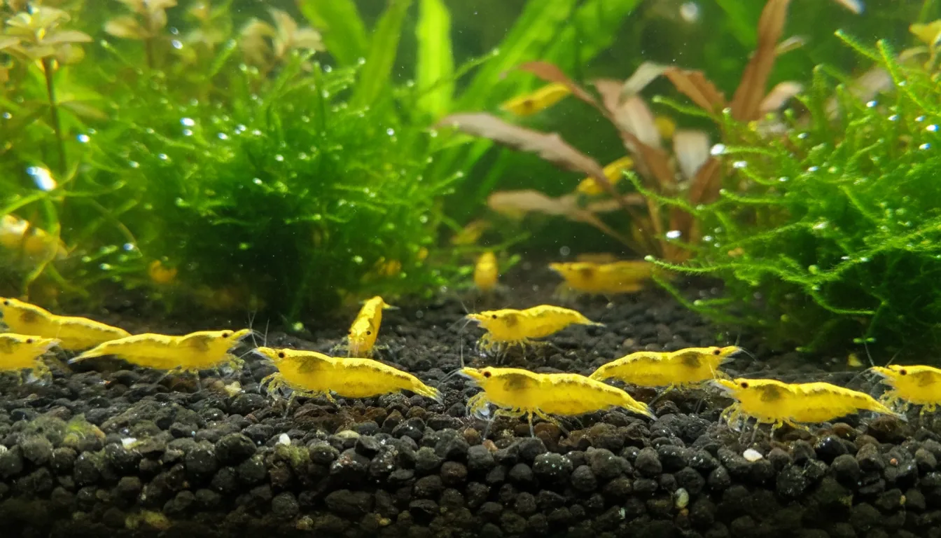 Colonia de gambas Yellow Golden alimentandose en acuario plantado