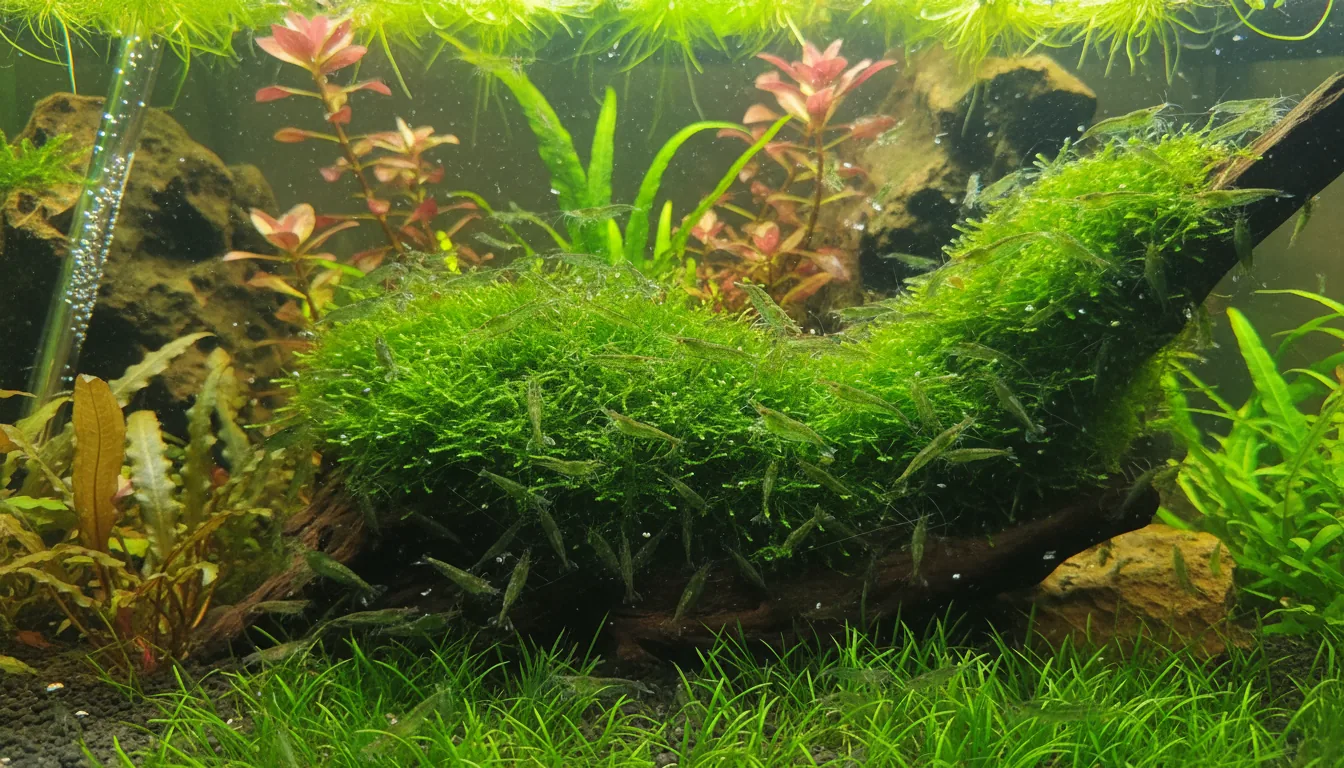 Colonia de gambas Green Jade sobre musgo verde en acuario