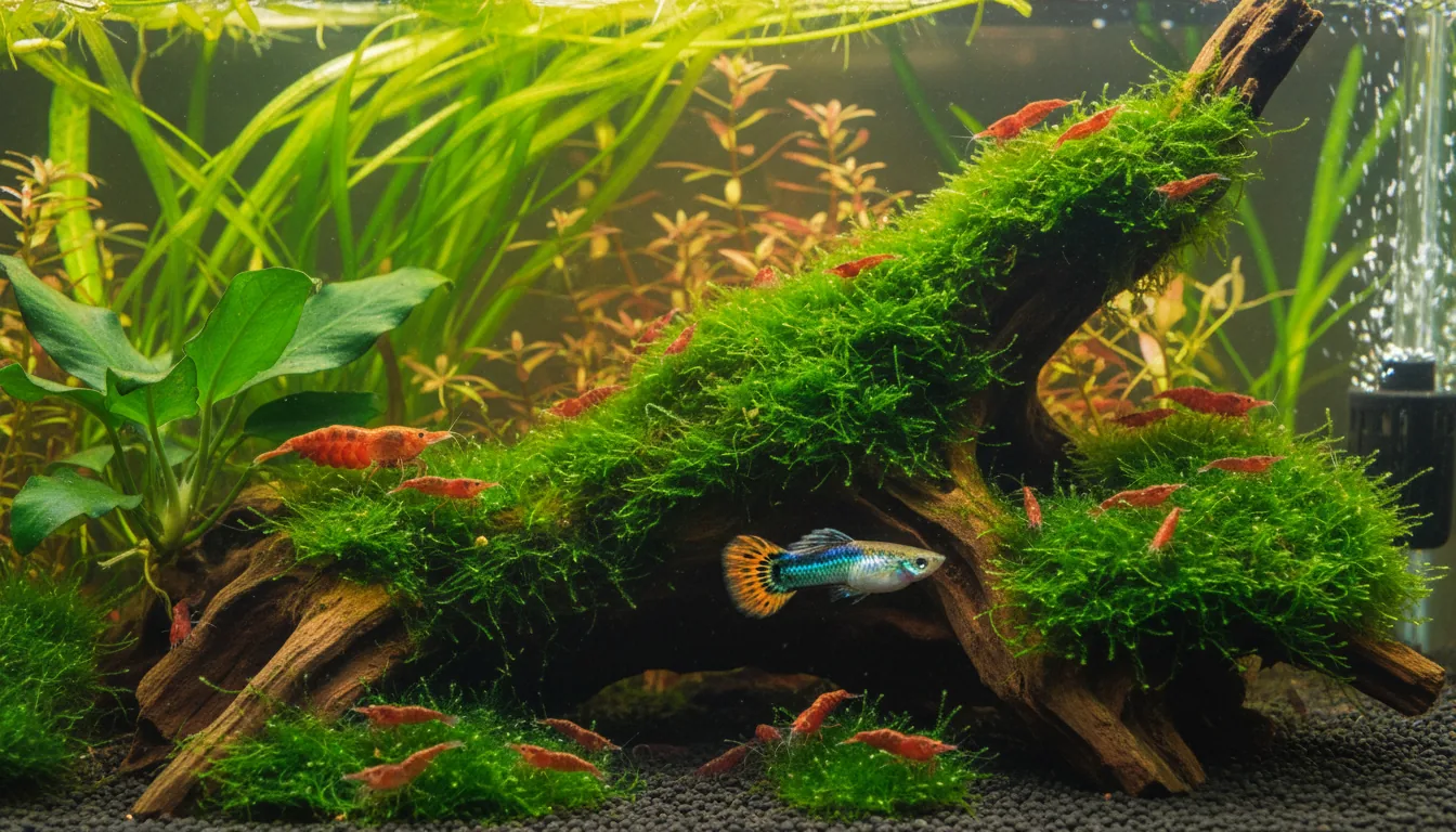 Guppy endler conviviendo con gambas red cherry en acuario plantado