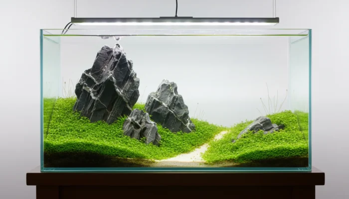 Aquascape estilo Iwagumi con piedras y carpet de plantas verdes