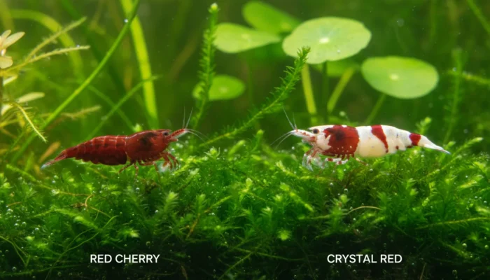 Comparativa visual entre gamba Neocaridina Red Cherry y Caridina Crystal Red