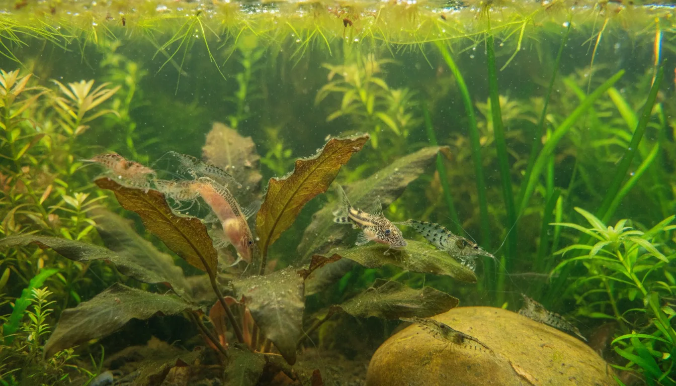 Otocinclus y gambas Amano limpiando algas marrones del acuario