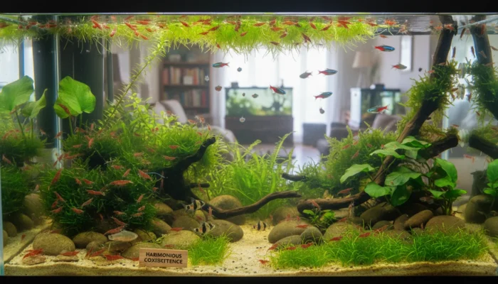 Acuario comunitario con peces compatibles con gambas red cherry