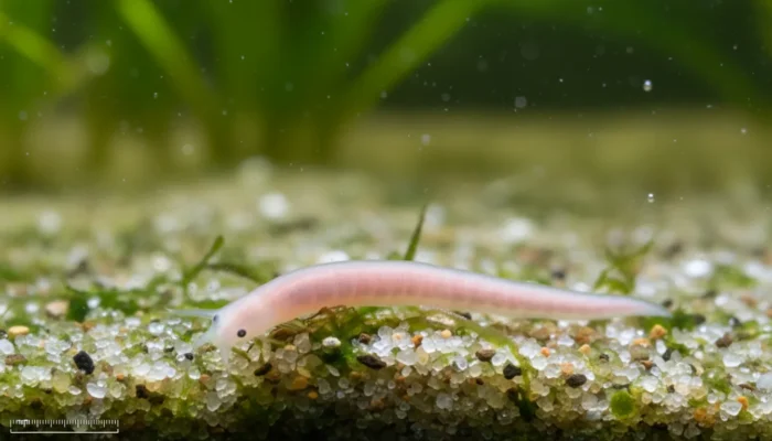 Planaria gusano plano blanco en cristal de acuario