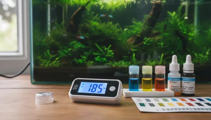 Medidor TDS y test de GH/KH para acuario midiendo parametros del agua