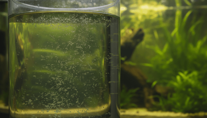 Pulga de agua Daphnia magna viva nadando en cultivo casero para acuario