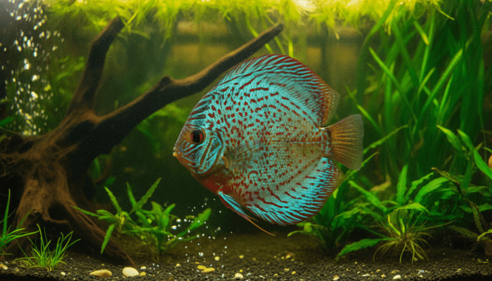Pez disco Symphysodon discus adulto en acuario plantado