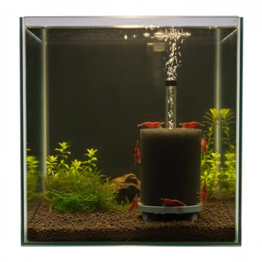 Filtro de esponja instalado en un nano acuario plantado con gambas Red Cherry encima
