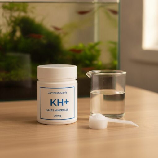 Sales minerales KH+ junto a un nano acuario plantado con gambas