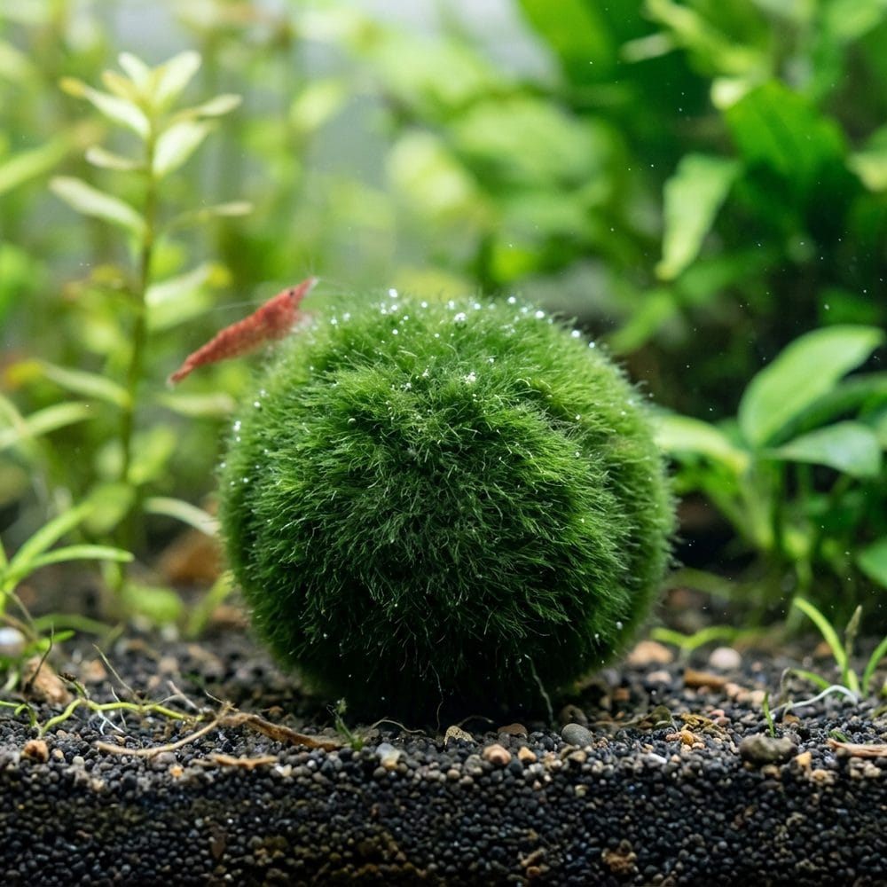 Bola de musgo Marimo Aegagropila linnaei de 4-5 cm sobre sustrato oscuro en un acuario de gambas