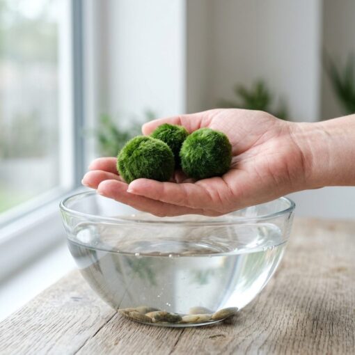 Tres bolas de musgo Marimo de 4-5 cm sostenidas en la mano para ver su tamaño real