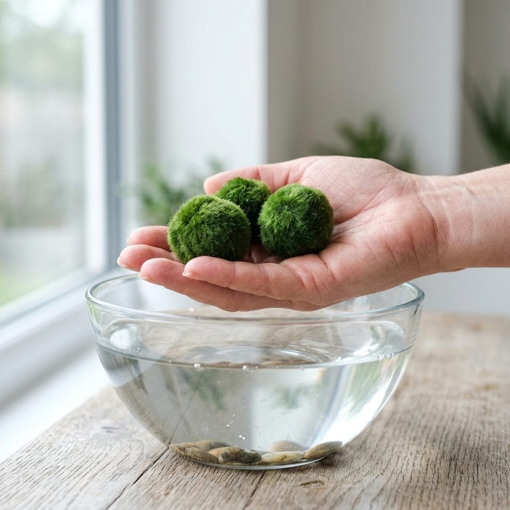 Tres bolas de musgo Marimo de 4-5 cm sostenidas en la mano para ver su tamaño real