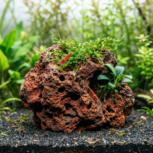 Roca de lava roja porosa de 8-15 cm con musgo de Java y anubias en un acuario de gambas