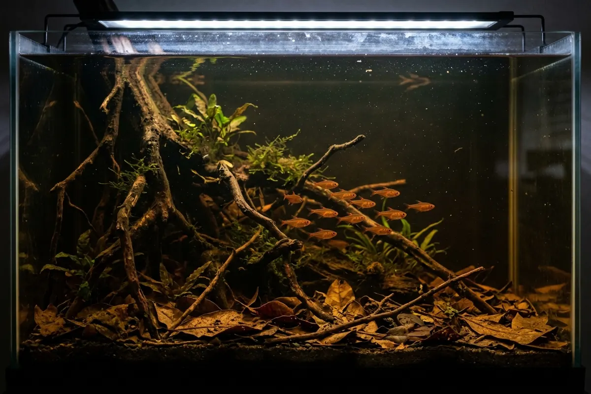 Biotopo amazónico de aguas oscuras con hojas caídas y raíces sumergidas