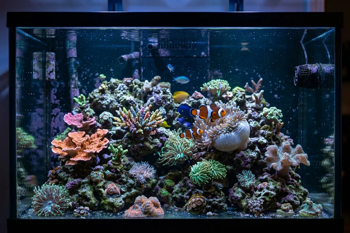 Acuario de arrecife con corales de colores y peces entre las rocas