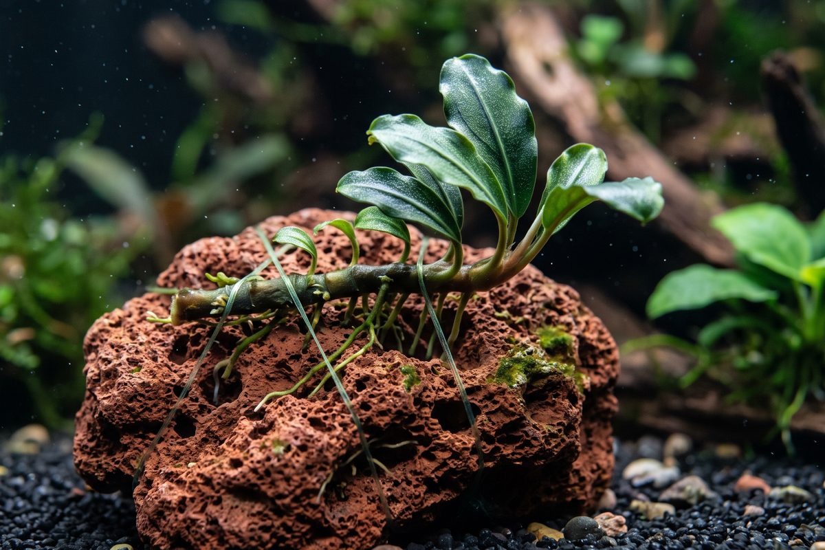Bucephalandra atada con hilo fino a una roca de lava roja, con el rizoma sobre la piedra y las raíces agarradas a los poros