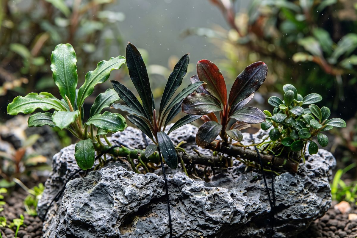 Cuatro variedades de Bucephalandra sobre roca: hoja ondulada verde, hoja estrecha casi negra, rojiza y una de hoja muy pequeña