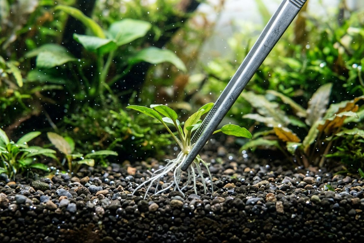 Pinzas de acuario plantando una Cryptocoryne pequeña con las raíces blancas a la vista en grava oscura