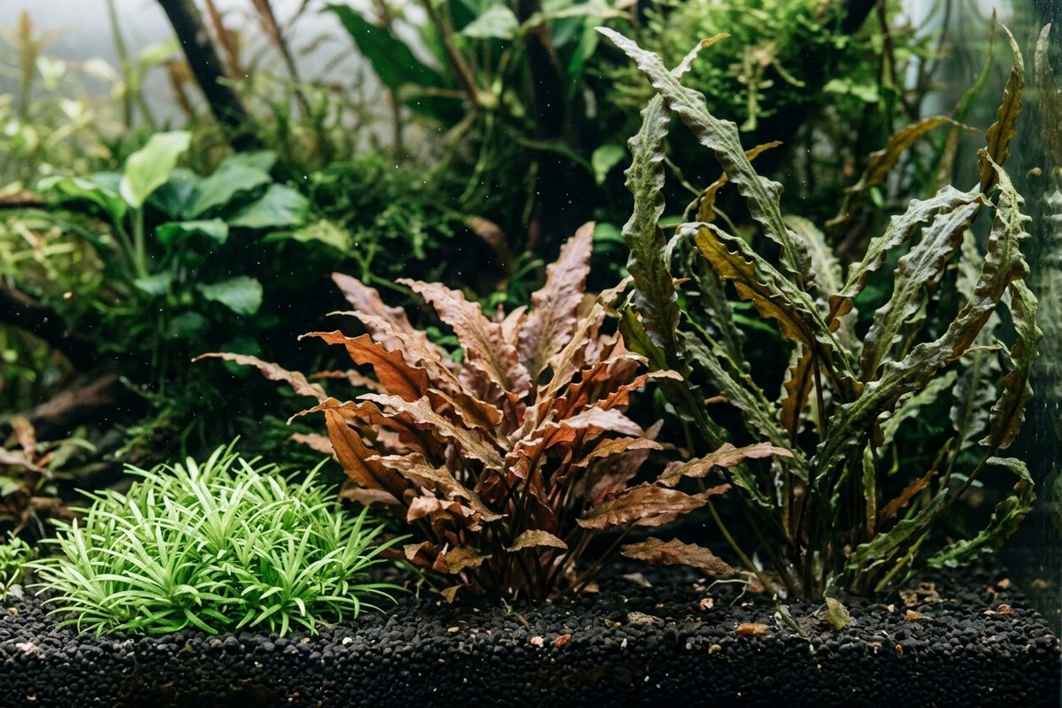 Tres variedades de Cryptocoryne en un acuario: parva baja en primer plano, wendtii marrón rojiza y balansae alta de hojas rizadas