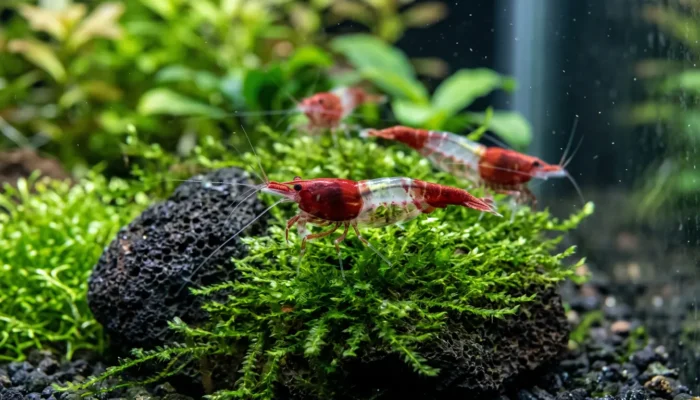 Tres gambas Red Rili con cabeza y cola rojas y el centro del cuerpo transparente sobre musgo y roca volcánica