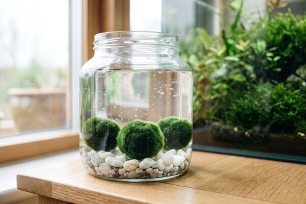 Tres bolas de marimo, esferas de alga verde aterciopelada, sobre guijarros blancos en un tarro de cristal con agua clara junto a una ventana