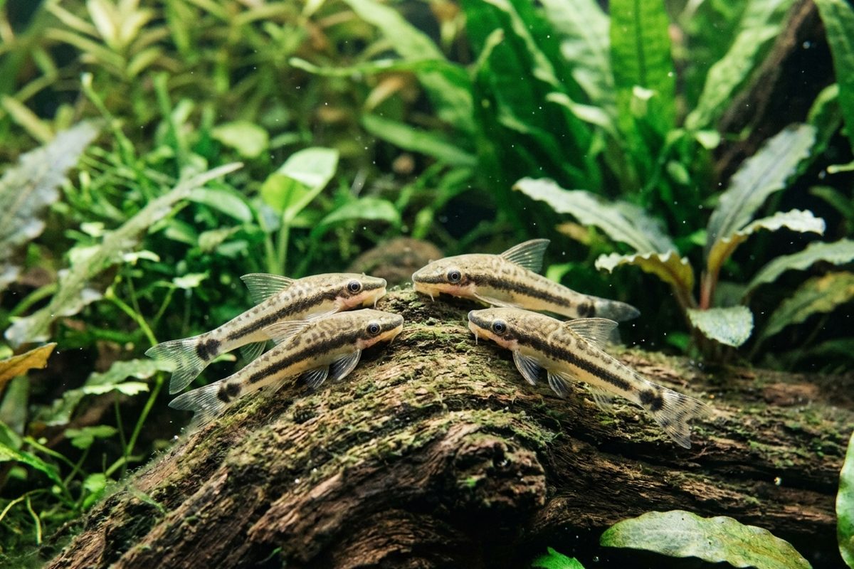 Grupo de cuatro otocinclus descansando sobre un tronco con biofilm en un acuario plantado