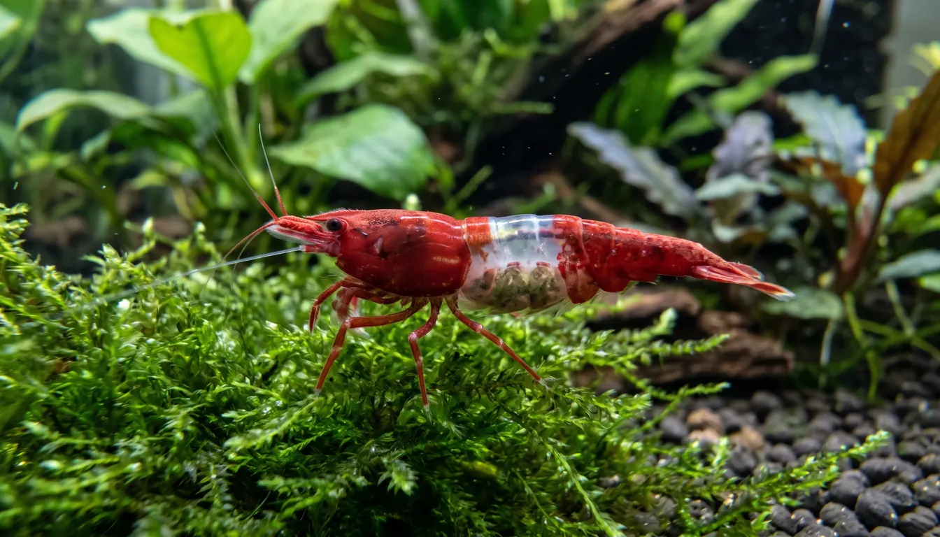Gamba Red Rili de perfil con rojo intenso en cabeza, cola y patas, y franja central transparente de bordes nítidos