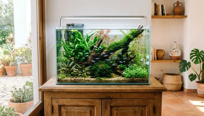 Acuario plantado tropical sobre un mueble de madera en un salón luminoso