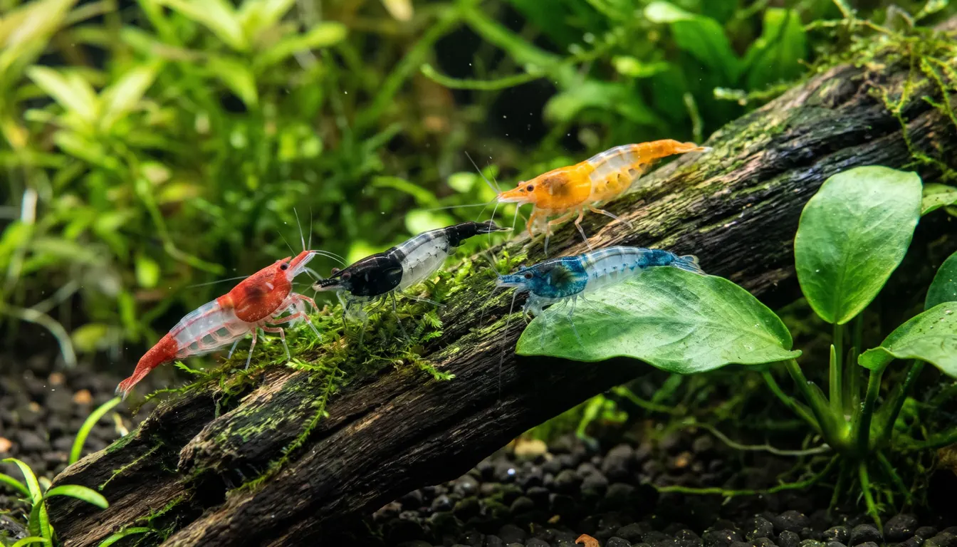 Cuatro gambas Rili de colores distintos, roja, negra, azul y naranja, sobre un tronco con musgo y una hoja de anubias